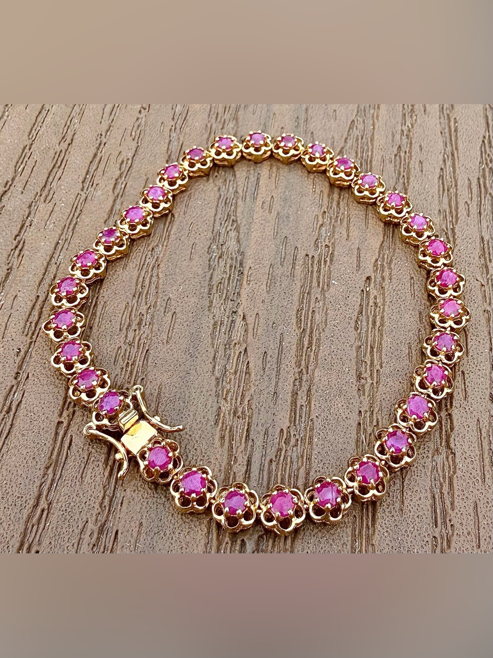 18K Gold Over Sterling Silver 4.55 CTW AAA Ruby 7.4” Bracelet